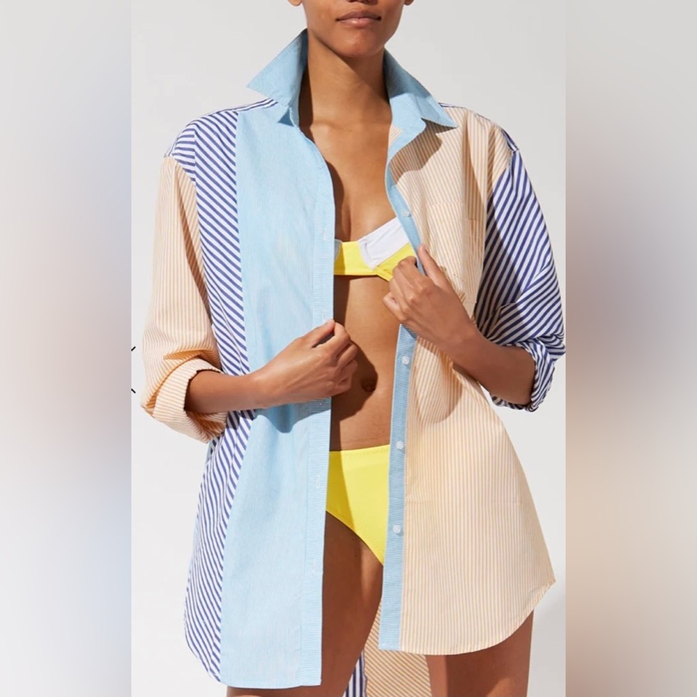 XS Solid & Striped The Oxford button down mixed stripe Tunic swim cover-up
